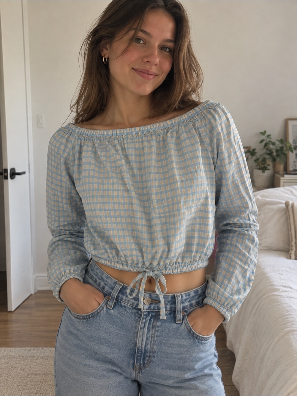 Wilfred Gathered Neckline Blouse | Blue Gingham Check | Cropped | Size S